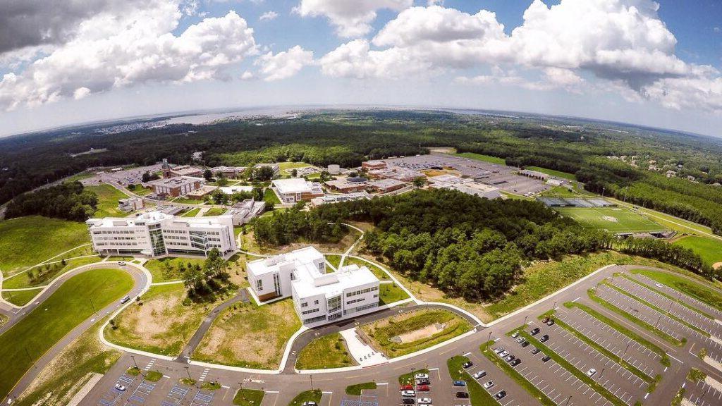 Aerial photograph of the Ocean County College main campus. The Gateway Building and the H. Hovnanian Health Sciences Building